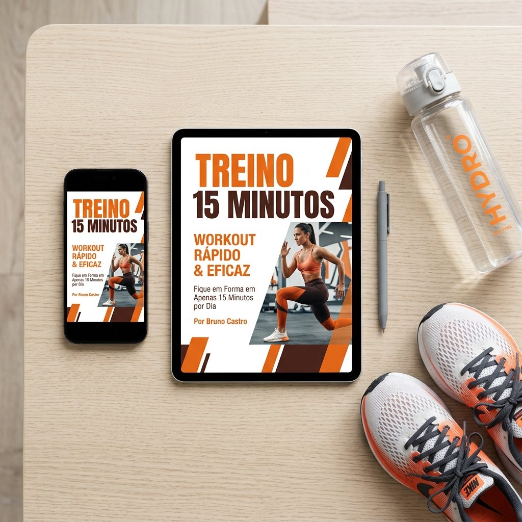 E-book Treino de 15 Minutos mostrado em tablet e celular
