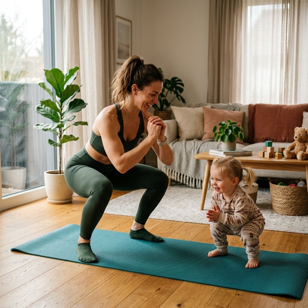Mãe fazendo exercício na sala de casa com sua filha acompanhando
